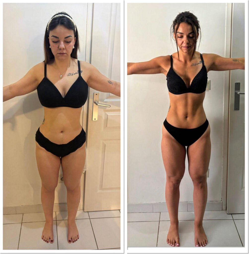 Transformation physique avant/après d'Alicia – coaching Faress BKH, personal trainer