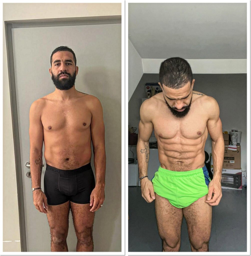 Transformation physique avant/après de Josué (athlète, 4 mois) – coaching Faress BKH, personal trainer