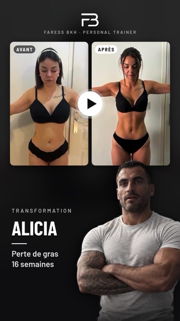 Transformation physique avant/après d'Alicia en vidéo – coaching Faress BKH, personal trainer