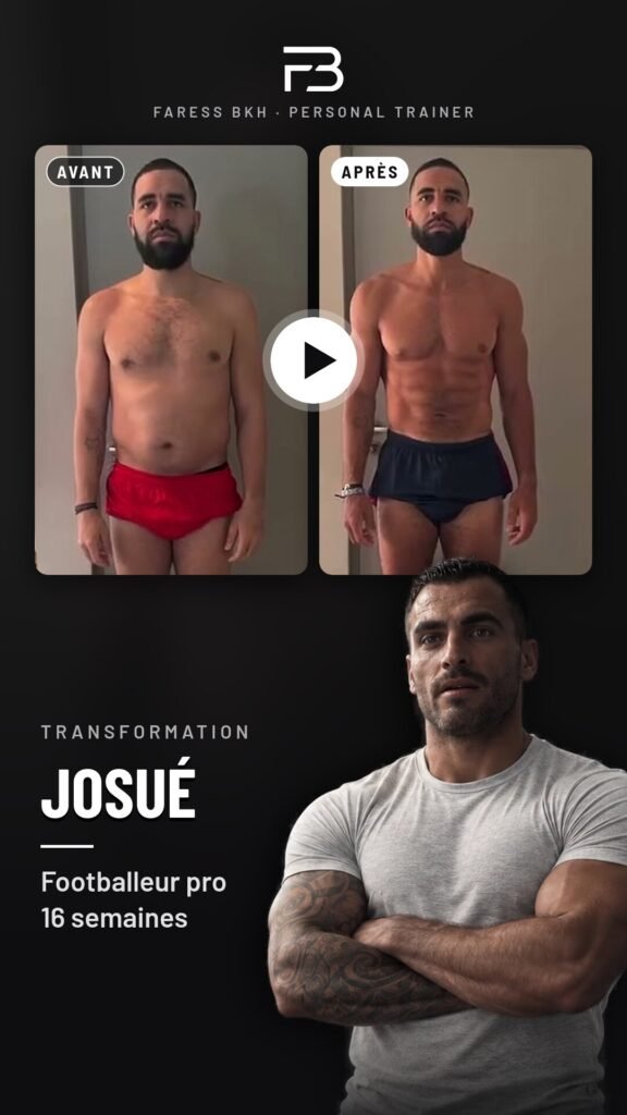 Transformation physique avant/après de Josué en vidéo – coaching Faress BKH, personal trainer